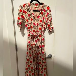 Women's Calf Length Dress in Beige with Red Balloon Design